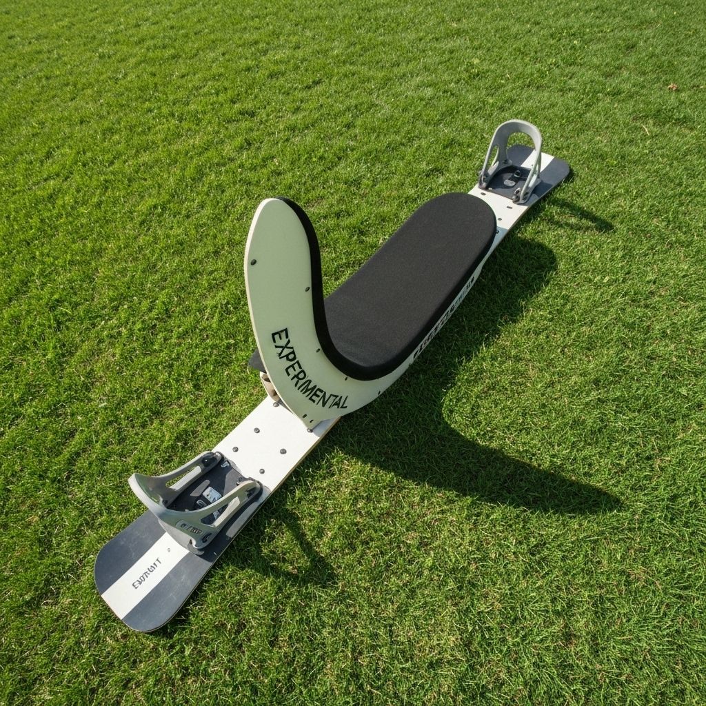 Recumbent snowboard prototype labeled EXPERIMENTAL with wing seat and front foot supports on grass.
